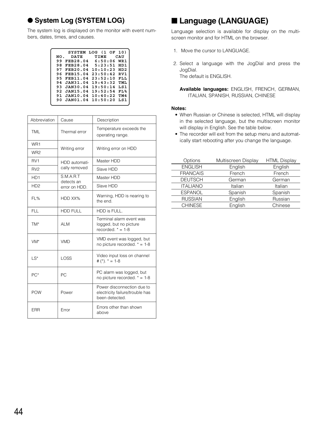 Panasonic WJ-HD220 manual Language Language, System Log System LOG 