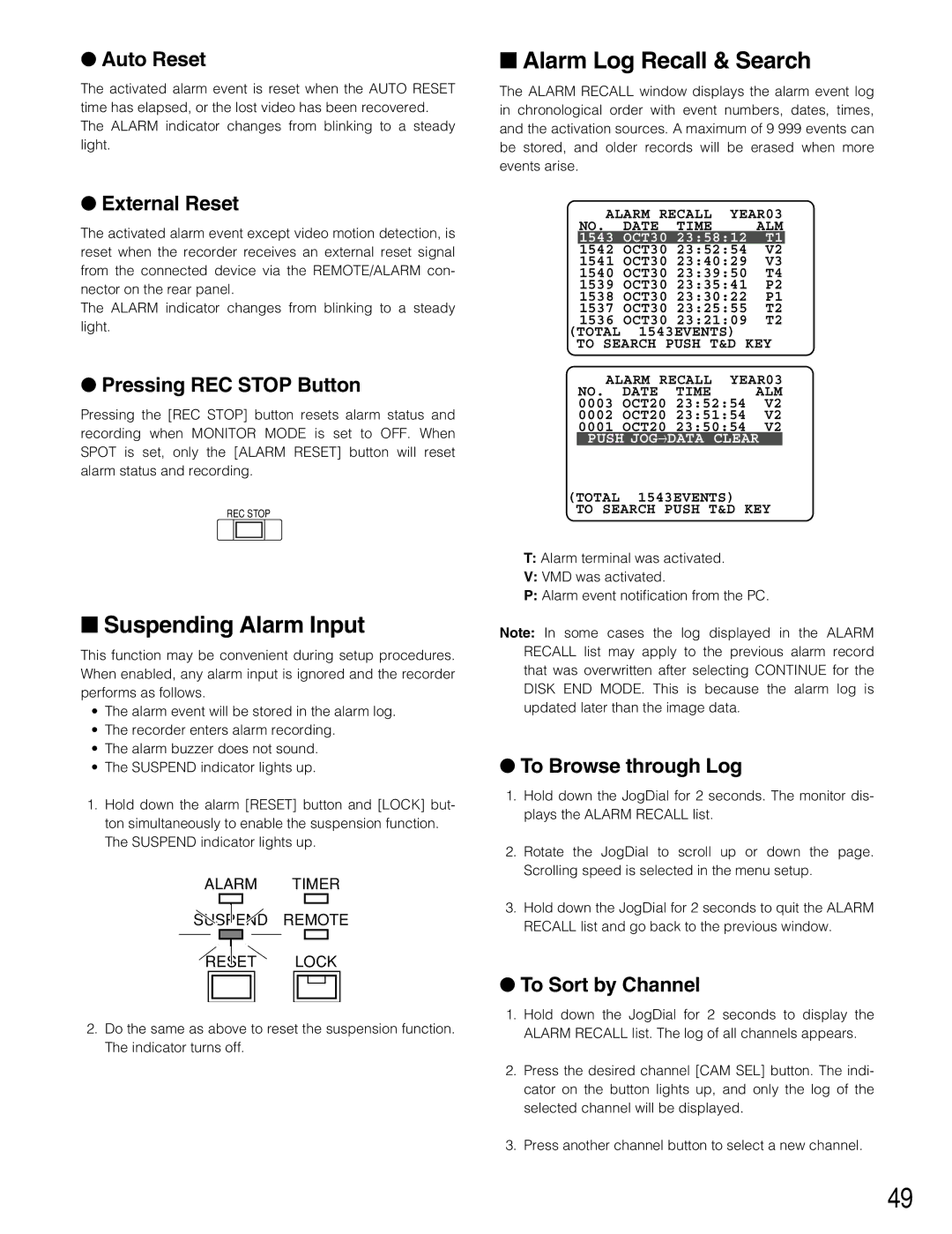 Panasonic WJ-HD220 manual Suspending Alarm Input, Alarm Log Recall & Search 