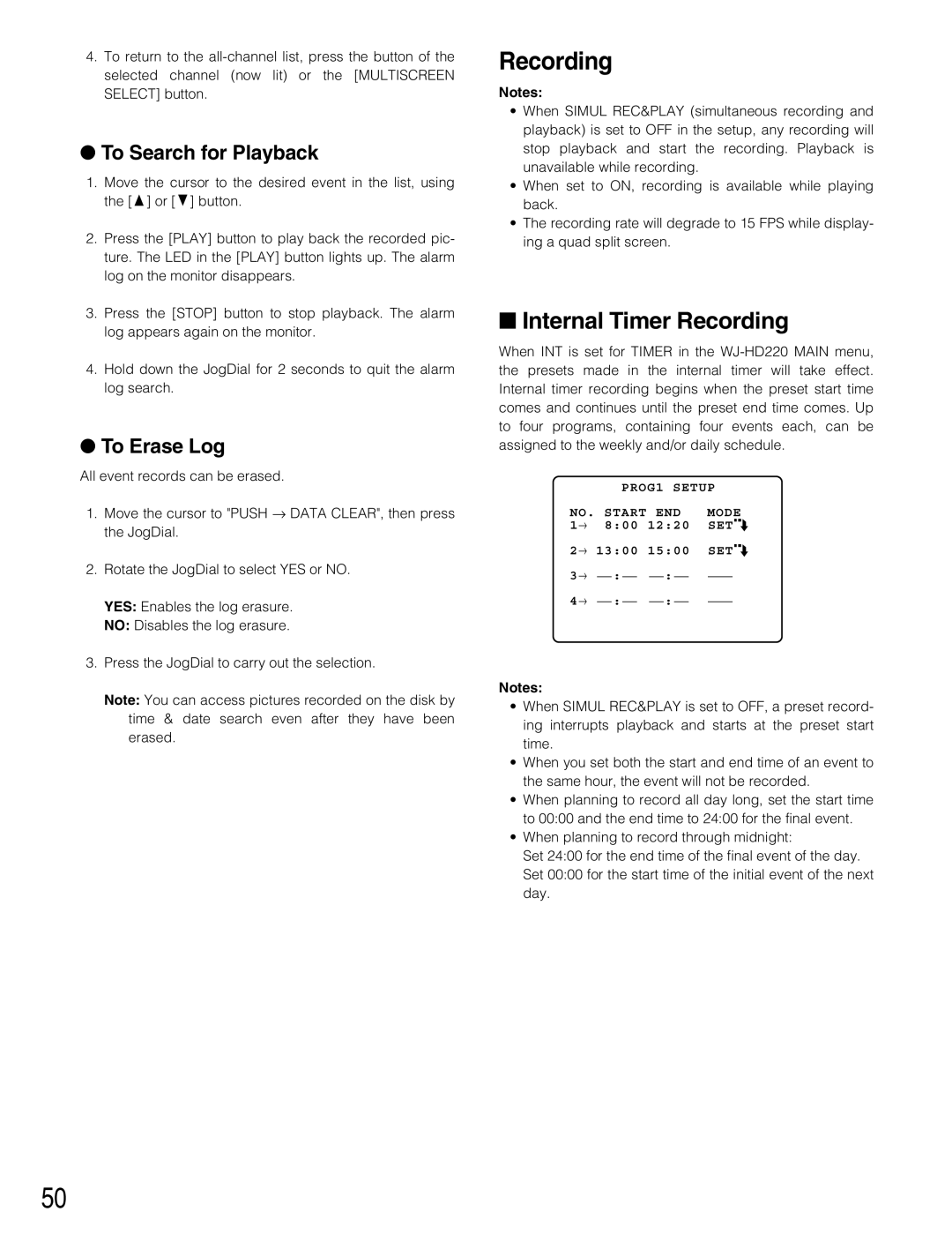 Panasonic WJ-HD220 manual Internal Timer Recording, To Search for Playback, To Erase Log 