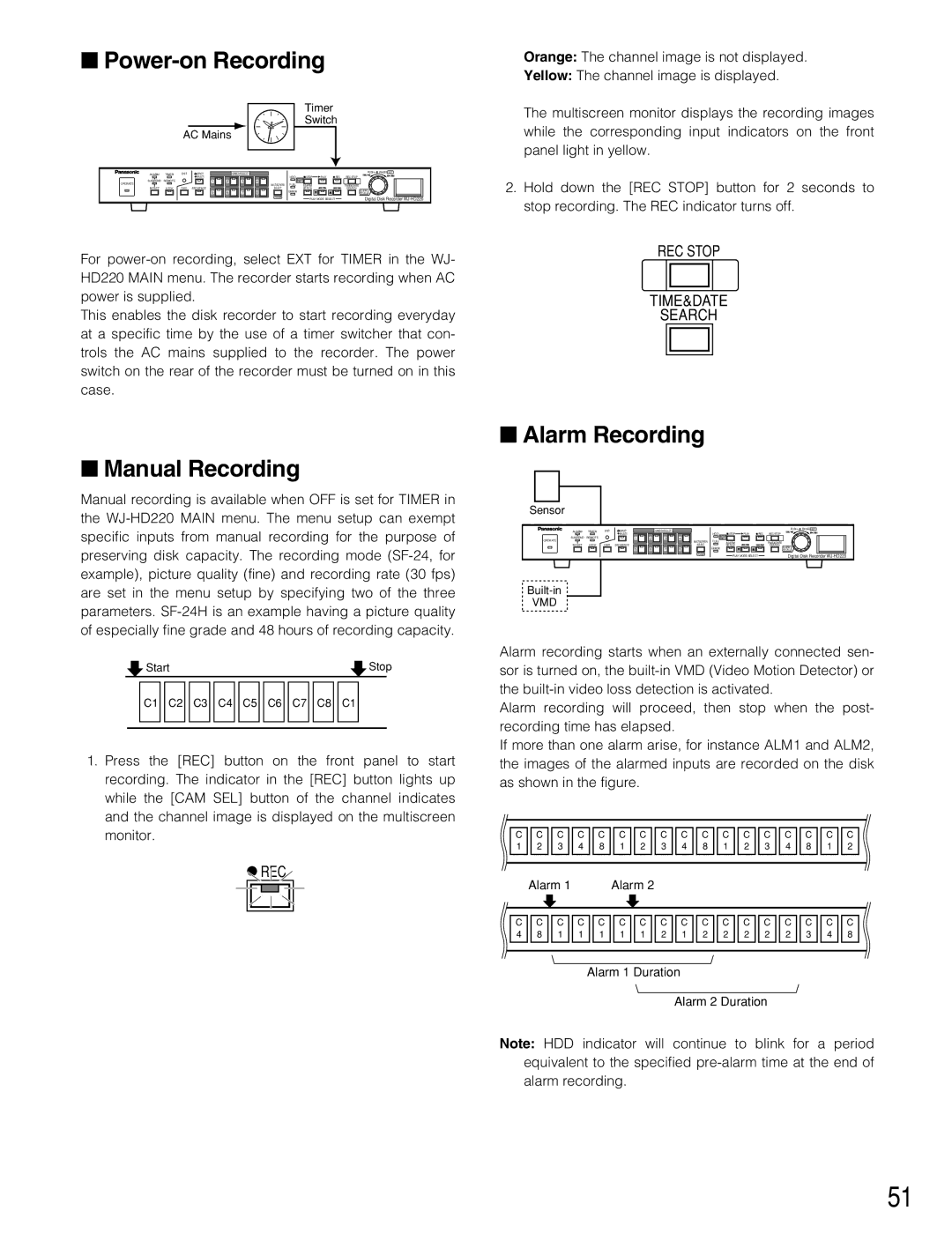 Panasonic WJ-HD220 manual Power-on Recording, Manual Recording, Alarm Recording 