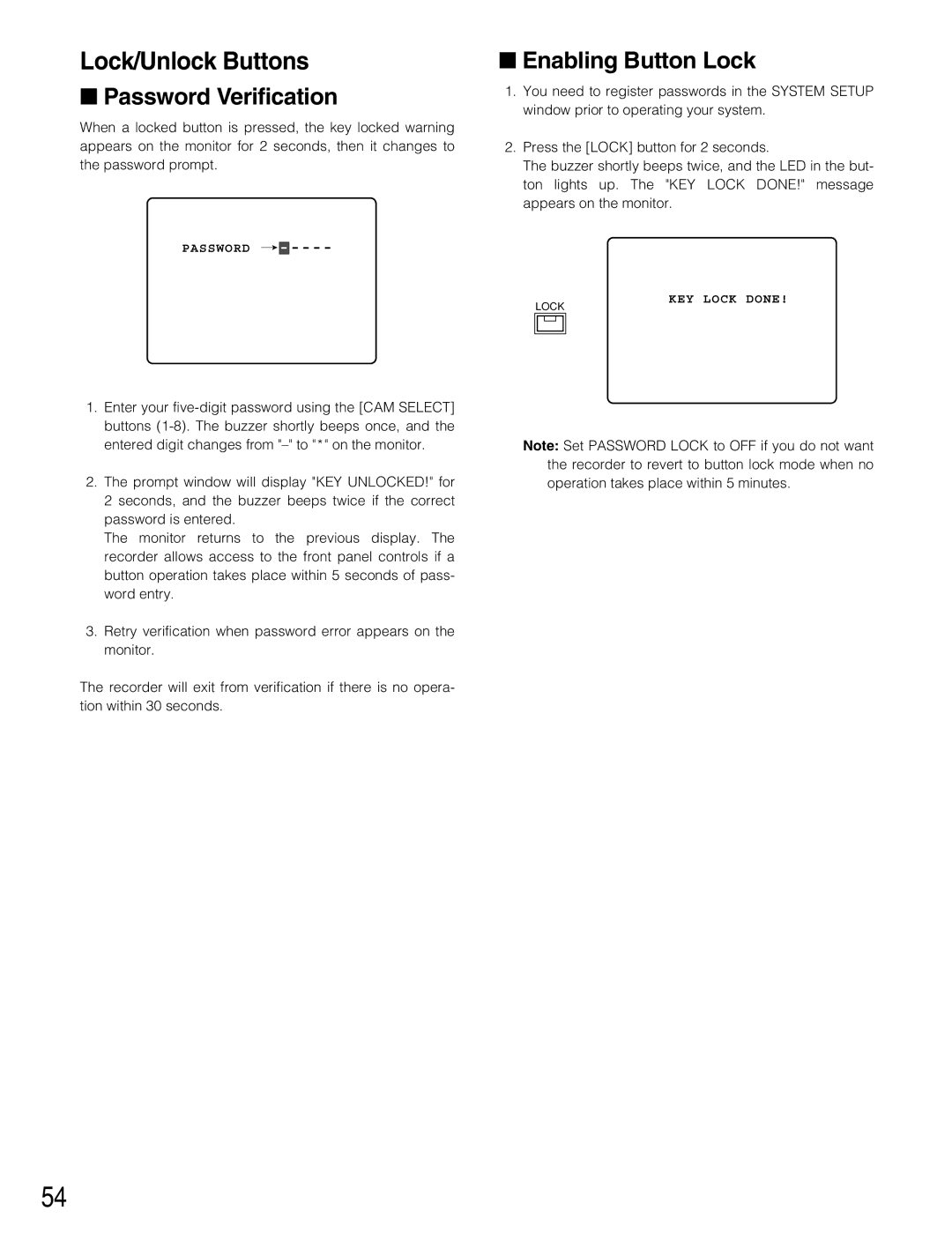 Panasonic WJ-HD220 manual Password Verification, Enabling Button Lock 