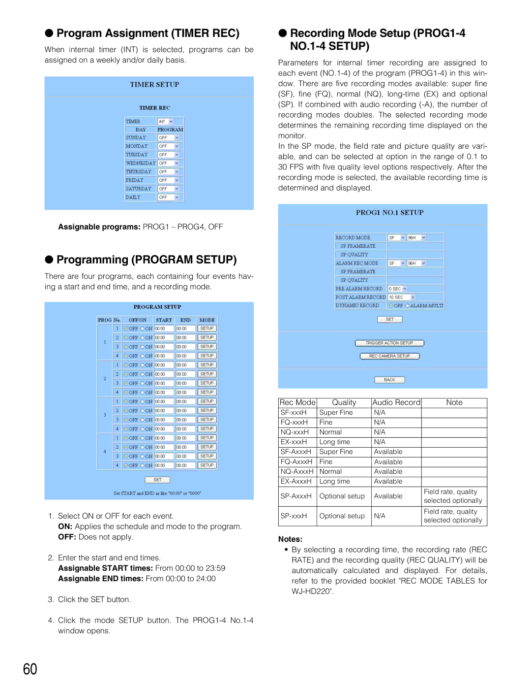 Panasonic WJ-HD220 Program Assignment Timer REC, Programming Program Setup, Recording Mode Setup PROG1-4 NO.1-4 Setup 