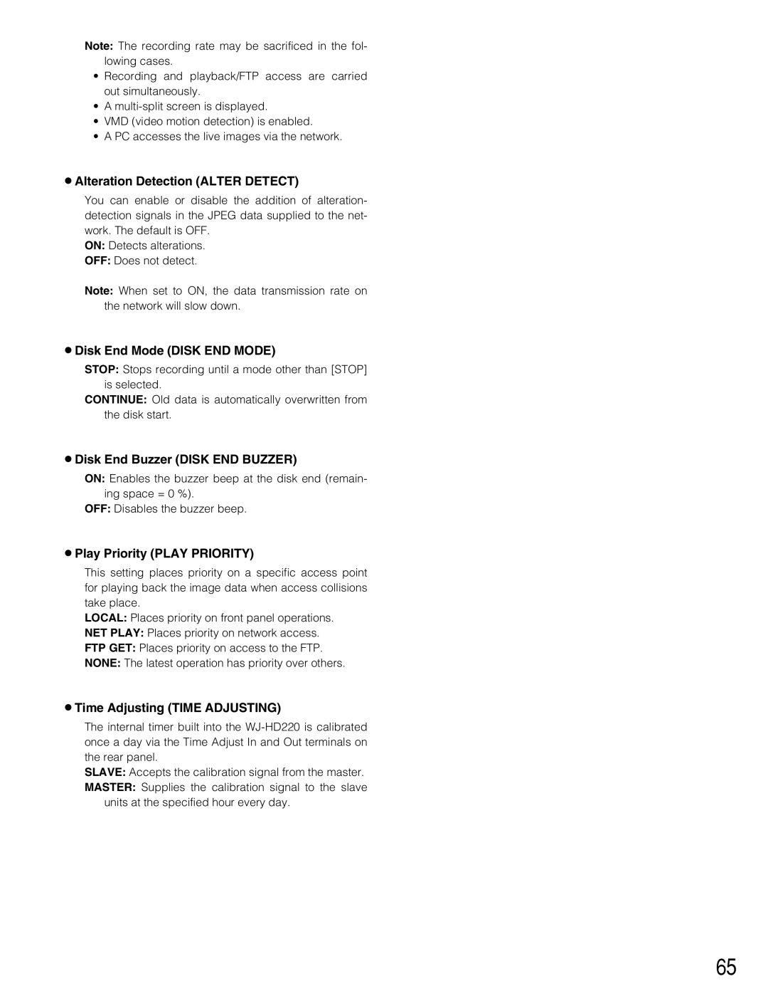 Panasonic WJ-HD220 manual Alteration Detection Alter Detect, Disk End Mode Disk END Mode, Disk End Buzzer Disk END Buzzer 