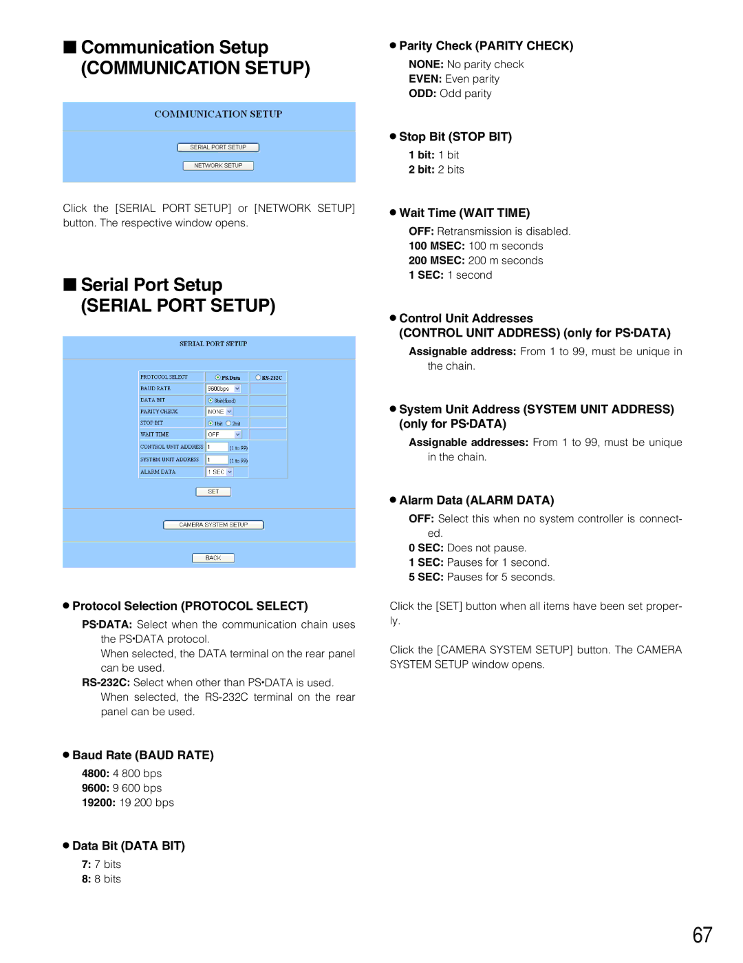 Panasonic WJ-HD220 Protocol Selection Protocol Select, Baud Rate Baud Rate, Data Bit Data BIT, Parity Check Parity Check 