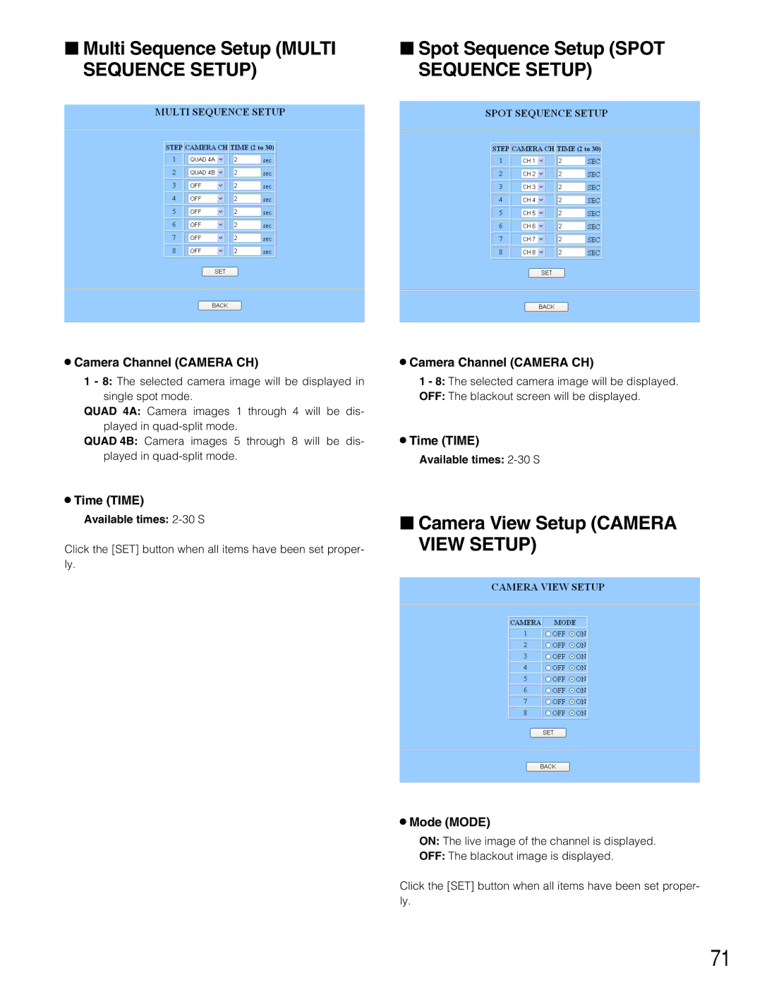 Panasonic WJ-HD220 Multi Sequence Setup Multi, Camera View Setup Camera View Setup, Camera Channel Camera CH, Time Time 