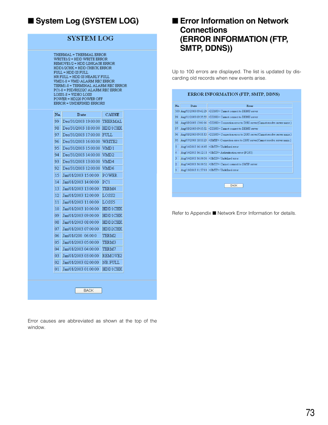 Panasonic WJ-HD220 manual Error Information FTP, SMTP, Ddns 