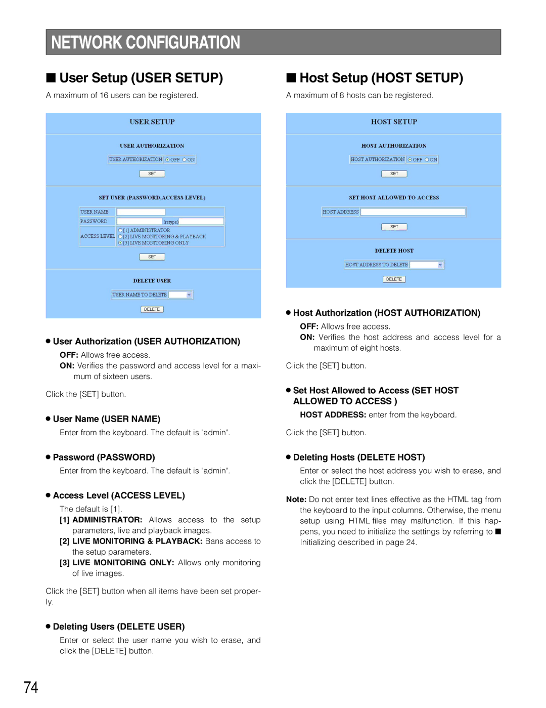 Panasonic WJ-HD220 manual Network Configuration, User Setup User Setup, Host Setup Host Setup 