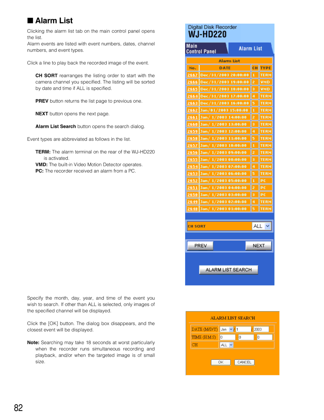 Panasonic WJ-HD220 manual Alarm List 