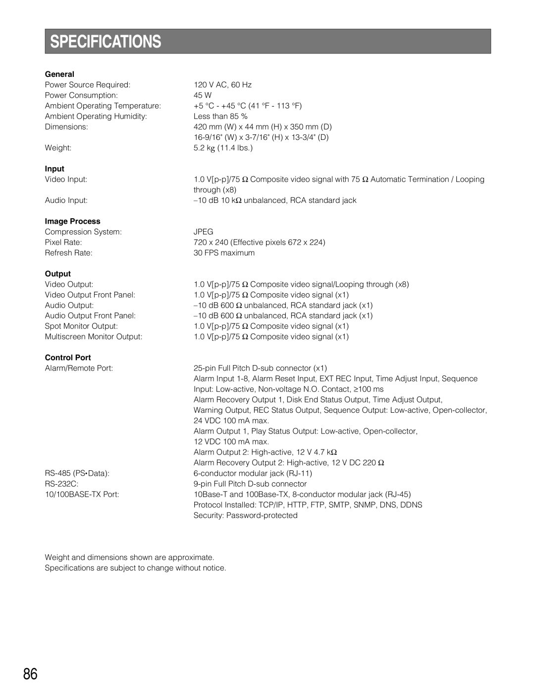 Panasonic WJ-HD220 manual Specifications 