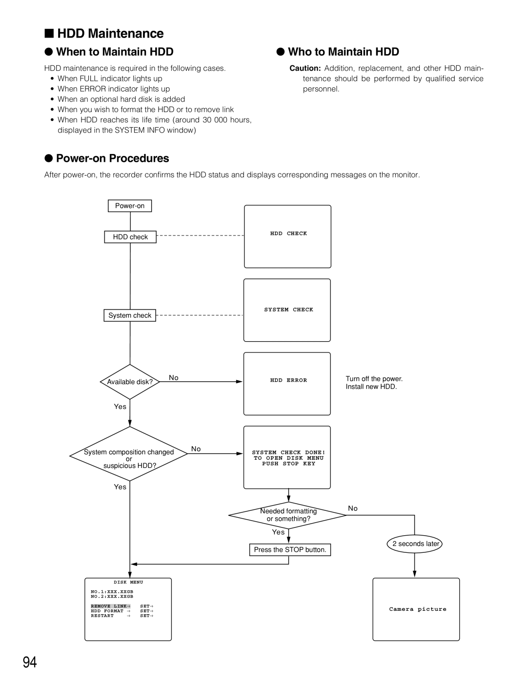 Panasonic WJ-HD220 manual HDD Maintenance, When to Maintain HDD Who to Maintain HDD, Power-on Procedures 