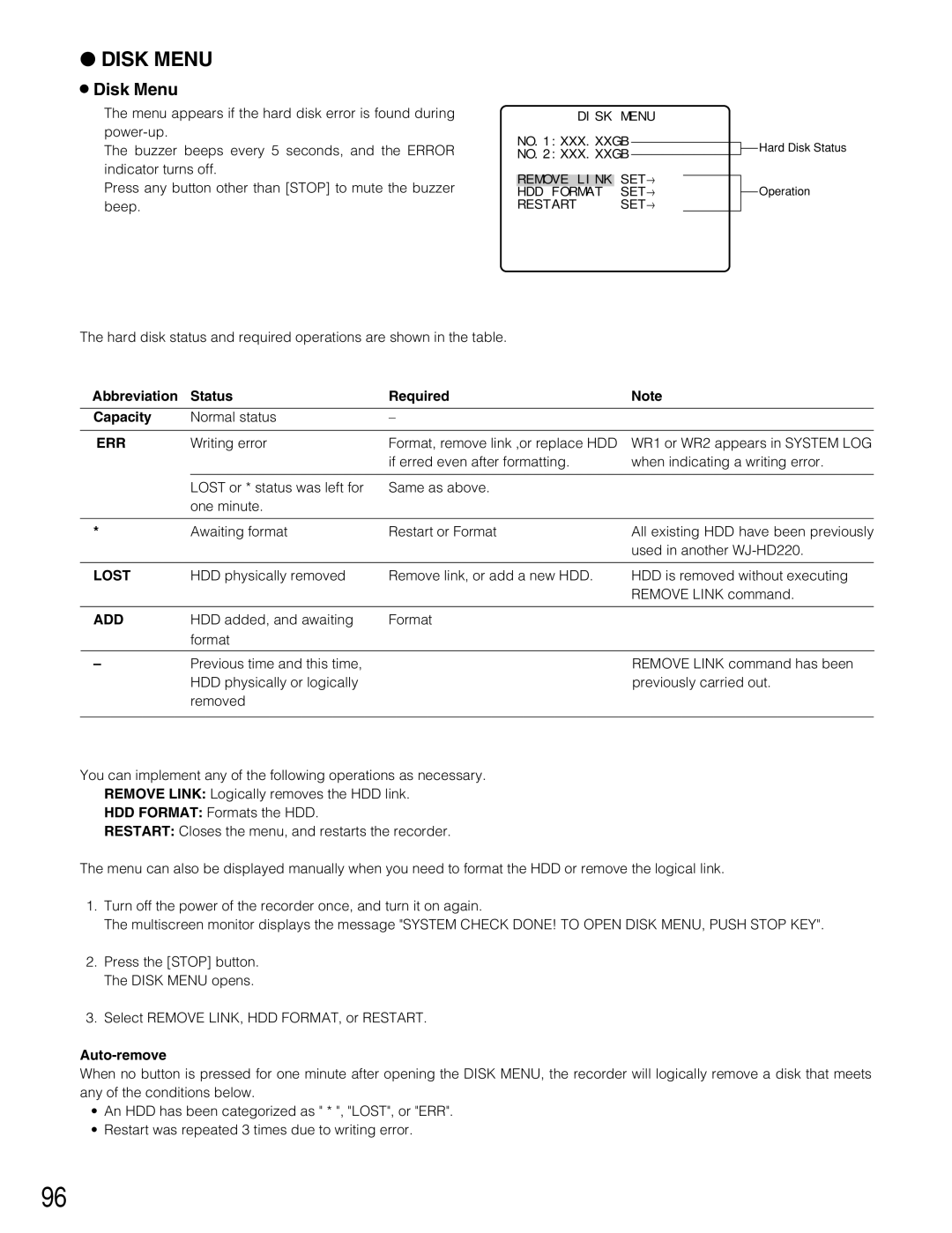 Panasonic WJ-HD220 manual Disk Menu, Abbreviation Status Required Capacity, Auto-remove 