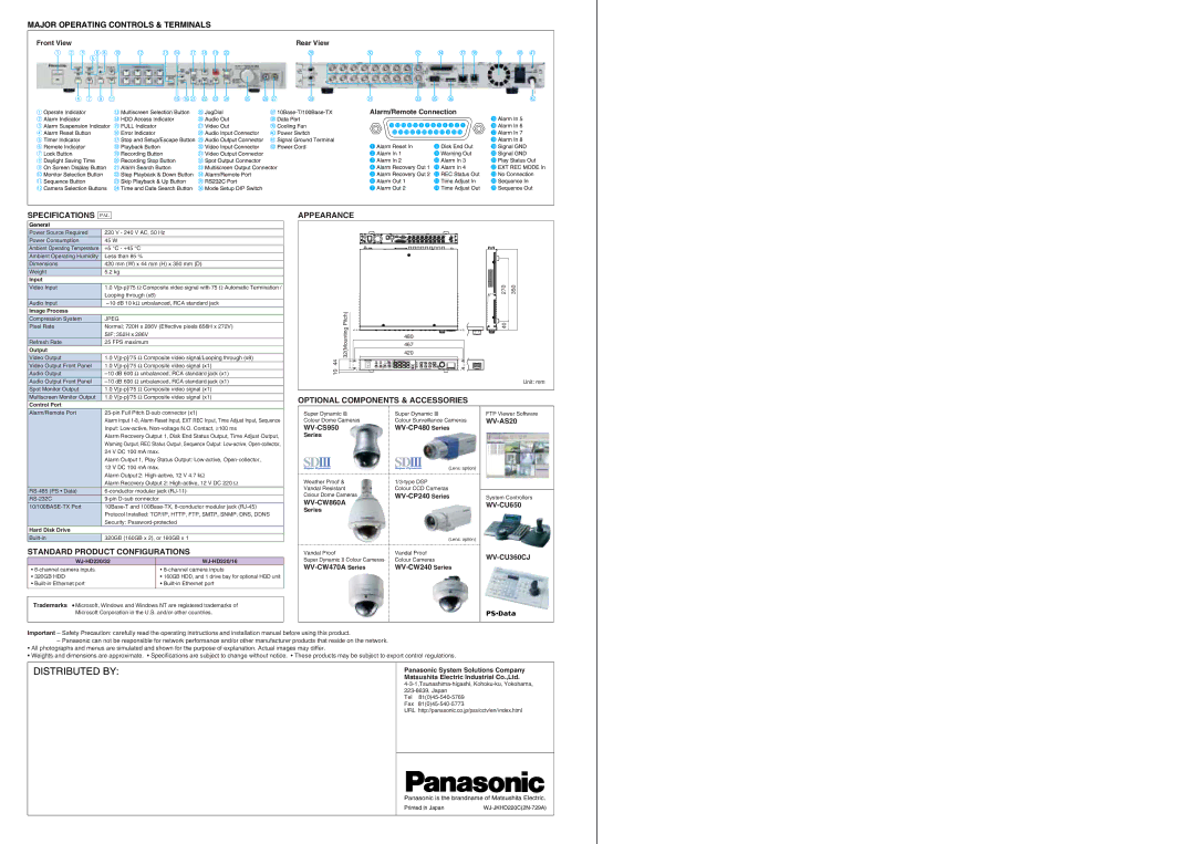 Panasonic specifications Input, Image Process, Output, Control Port, Hard Disk Drive, WJ-HD220/32 WJ-HD220/16 