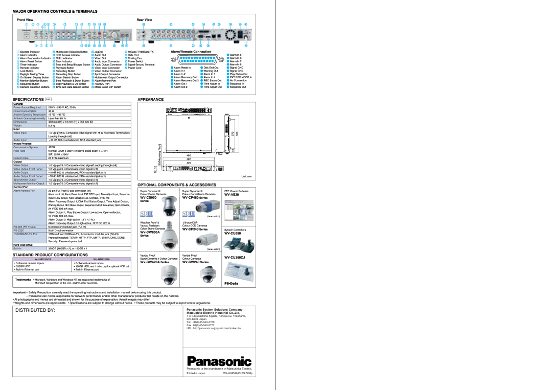 Panasonic WJ-HD220/32, WJ-HD220/16 Major Operating Controls & Terminals, Distributed By, Specifications Pal, Appearance 