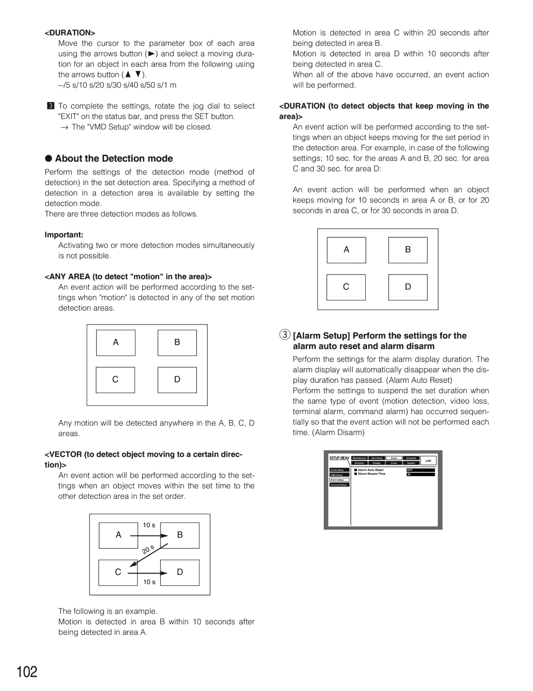 Panasonic WJ-HD309 manual 102, About the Detection mode, ANY Area to detect motion in the area 