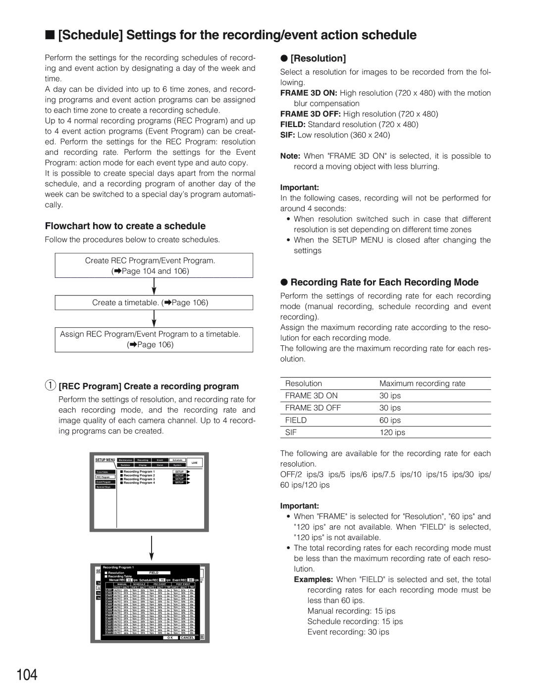 Panasonic WJ-HD309 104, Schedule Settings for the recording/event action schedule, Flowchart how to create a schedule 