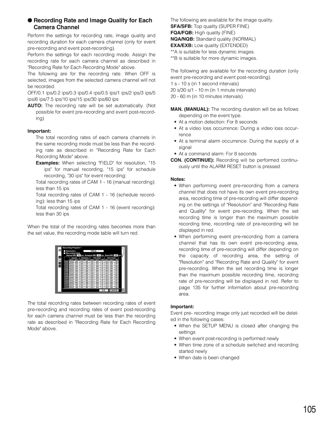 Panasonic WJ-HD309 manual 105, Recording Rate and Image Quality for Each Camera Channel 