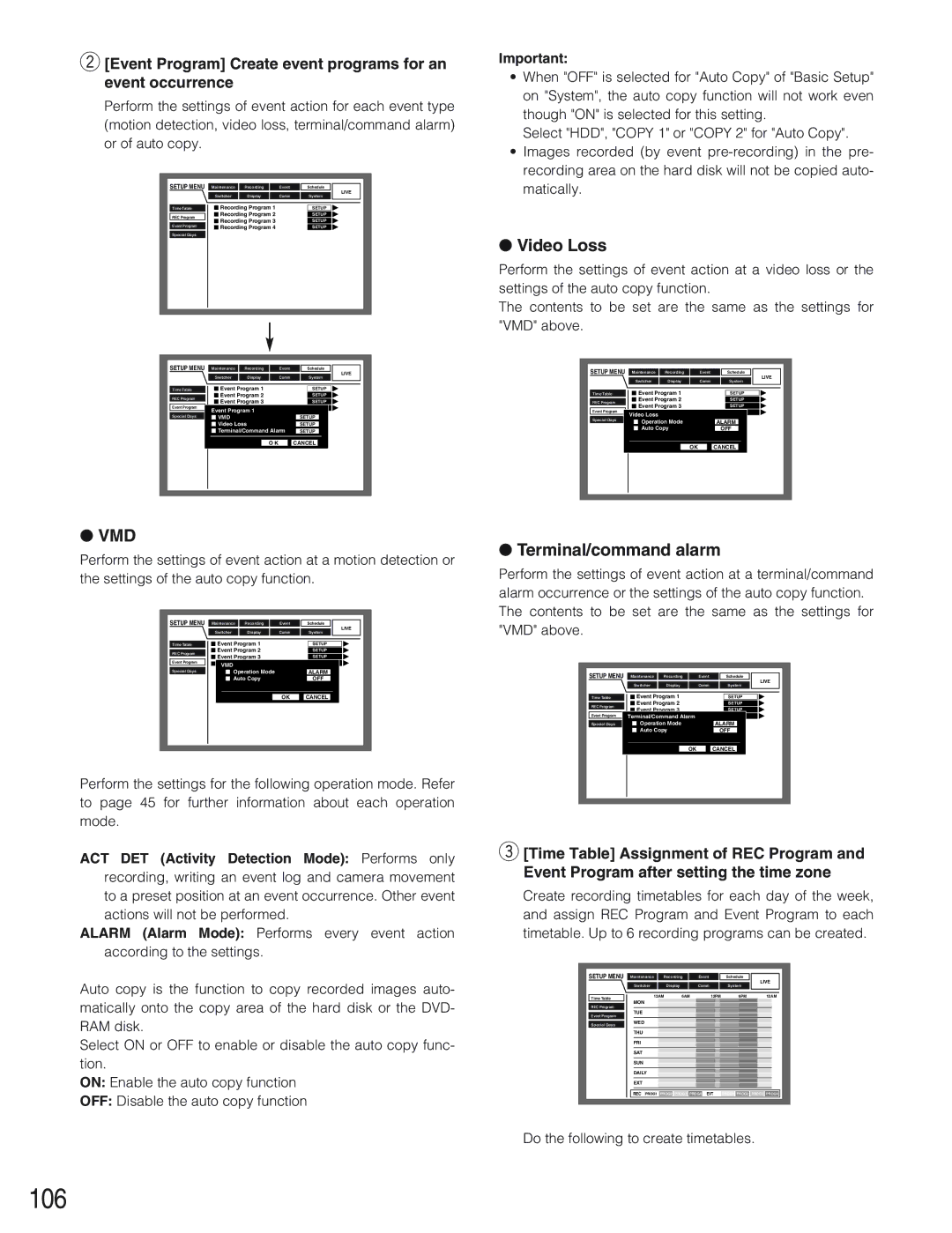 Panasonic WJ-HD309 106, Video Loss, Terminal/command alarm, Event Program Create event programs for an event occurrence 