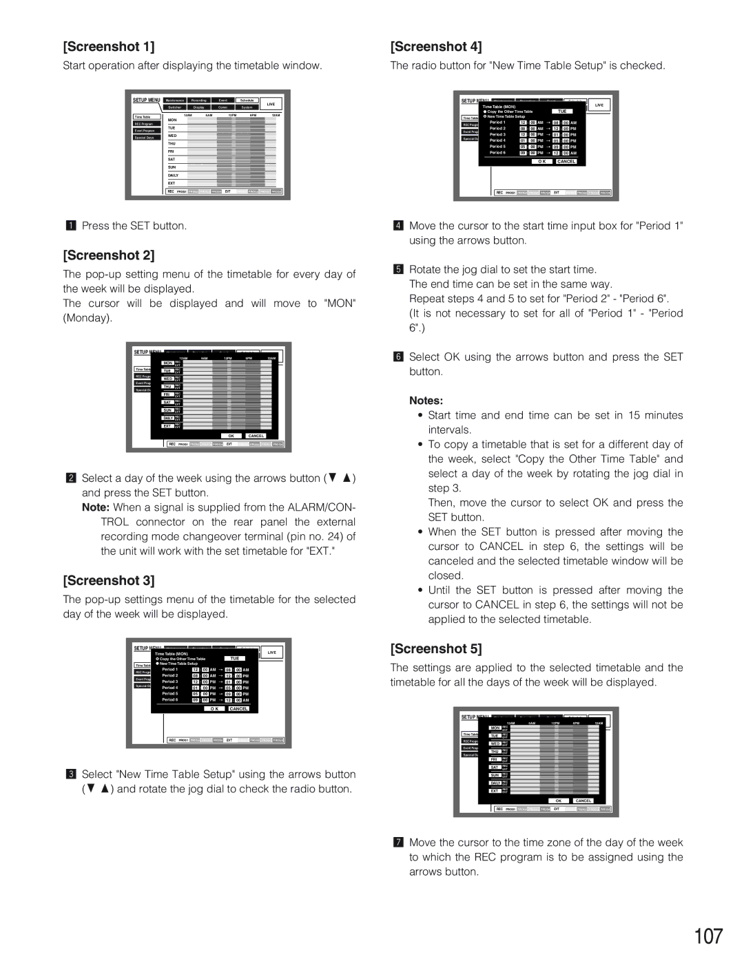 Panasonic WJ-HD309 manual 107, Start operation after displaying the timetable window, Press the SET button 