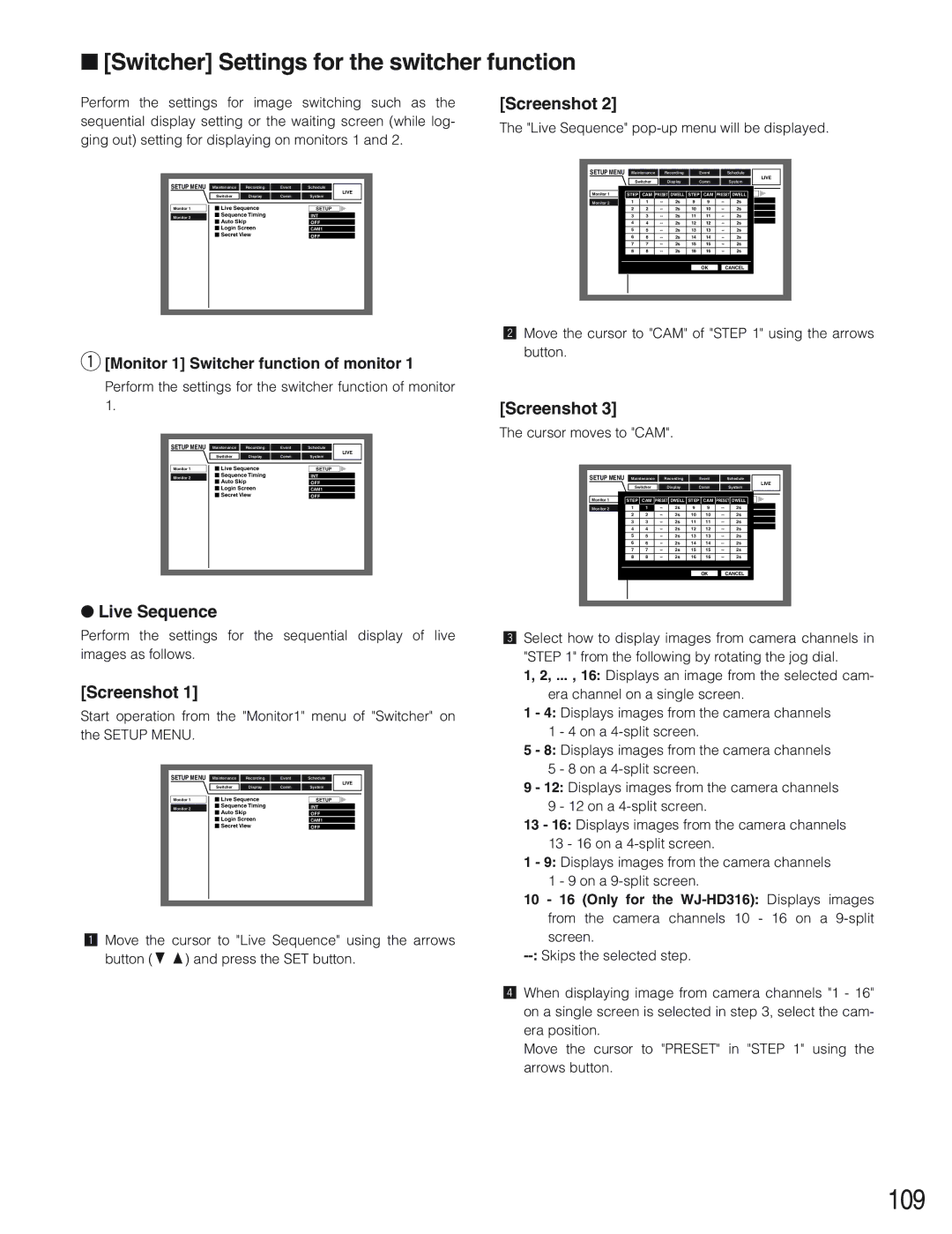 Panasonic WJ-HD309 109, Switcher Settings for the switcher function, Live Sequence, Monitor 1 Switcher function of monitor 