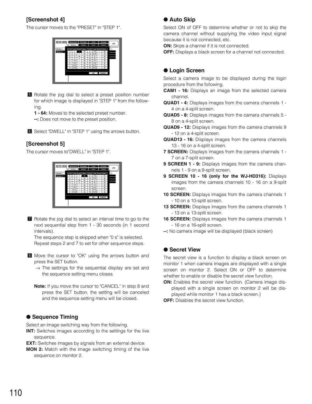 Panasonic WJ-HD309 manual 110, Sequence Timing, Auto Skip, Login Screen, Secret View 