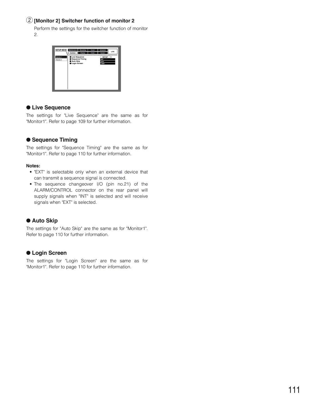 Panasonic WJ-HD309 manual 111, Monitor 2 Switcher function of monitor 