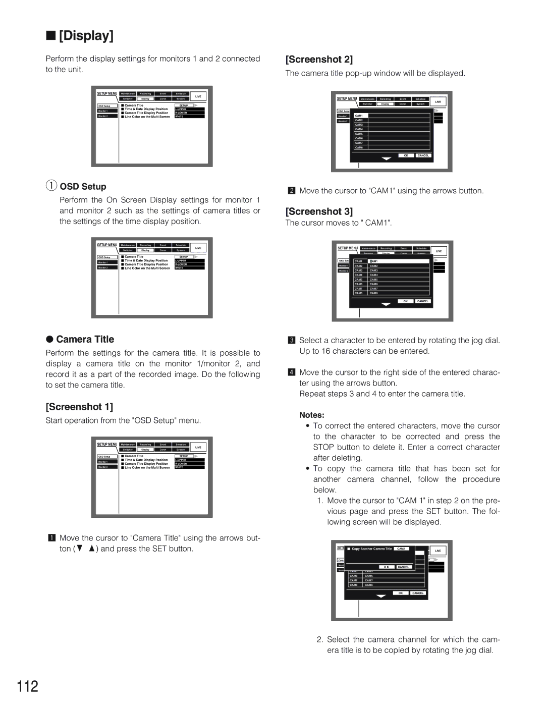 Panasonic WJ-HD309 manual 112, Display, Camera Title, OSD Setup 