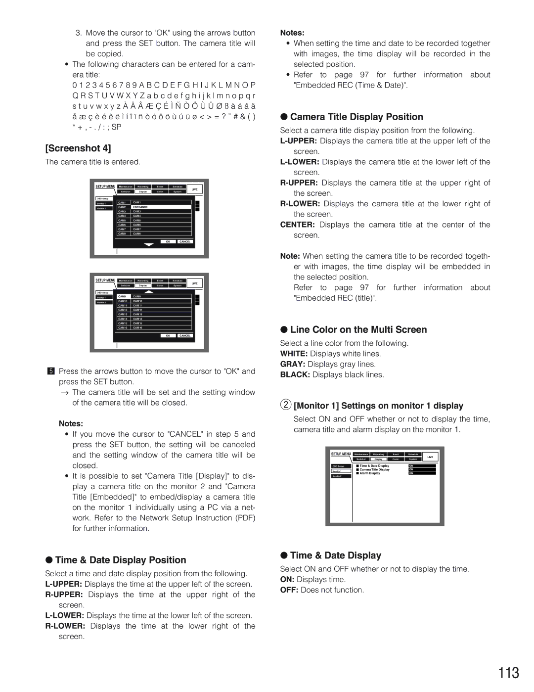 Panasonic WJ-HD309 manual 113, Camera Title Display Position, Line Color on the Multi Screen, Time & Date Display Position 