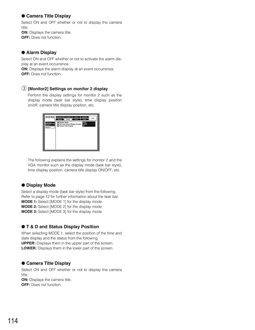 Panasonic WJ-HD309 manual 114, Camera Title Display, Alarm Display, Display Mode, Status Display Position 