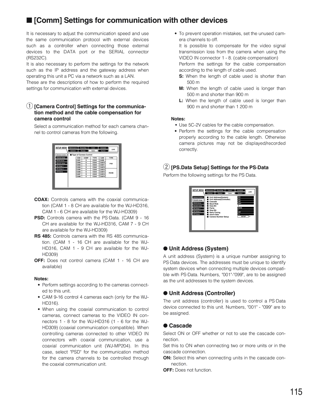 Panasonic WJ-HD309 115, Comm Settings for communication with other devices, Unit Address System, Unit Address Controller 