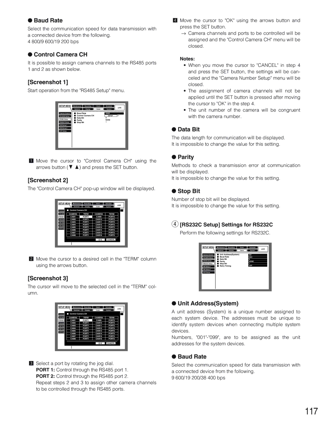 Panasonic WJ-HD309 manual 117, Control Camera CH, Unit AddressSystem, RS232C Setup Settings for RS232C 