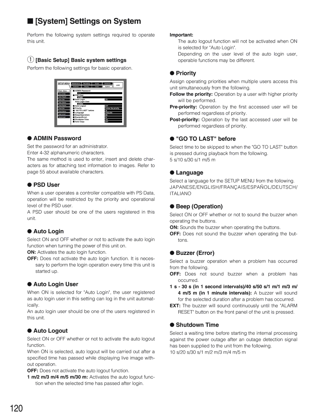 Panasonic WJ-HD309 manual 120, System Settings on System 