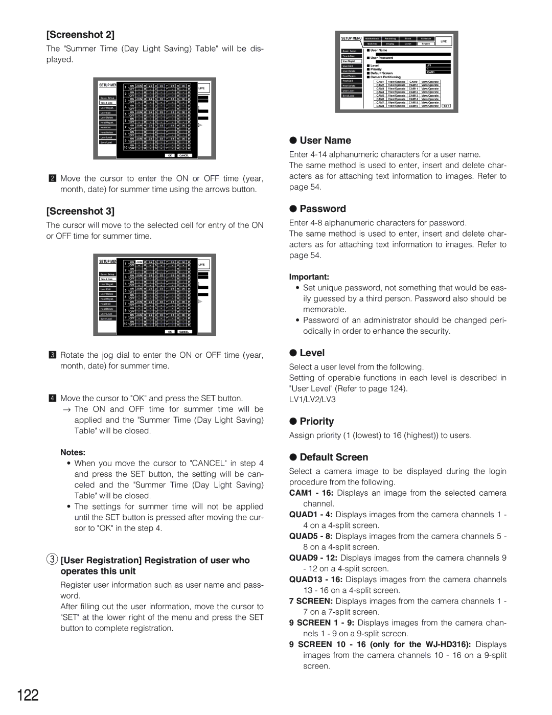 Panasonic WJ-HD309 manual 122, User Name, Password, Default Screen, LV1/LV2/LV3 