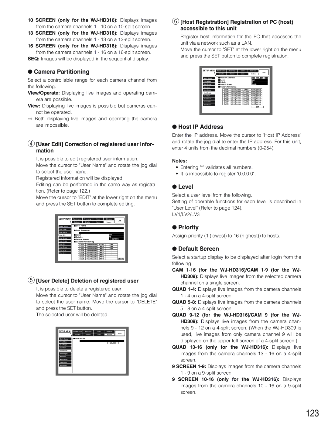 Panasonic WJ-HD309 manual 123, Camera Partitioning, Host IP Address, Level 