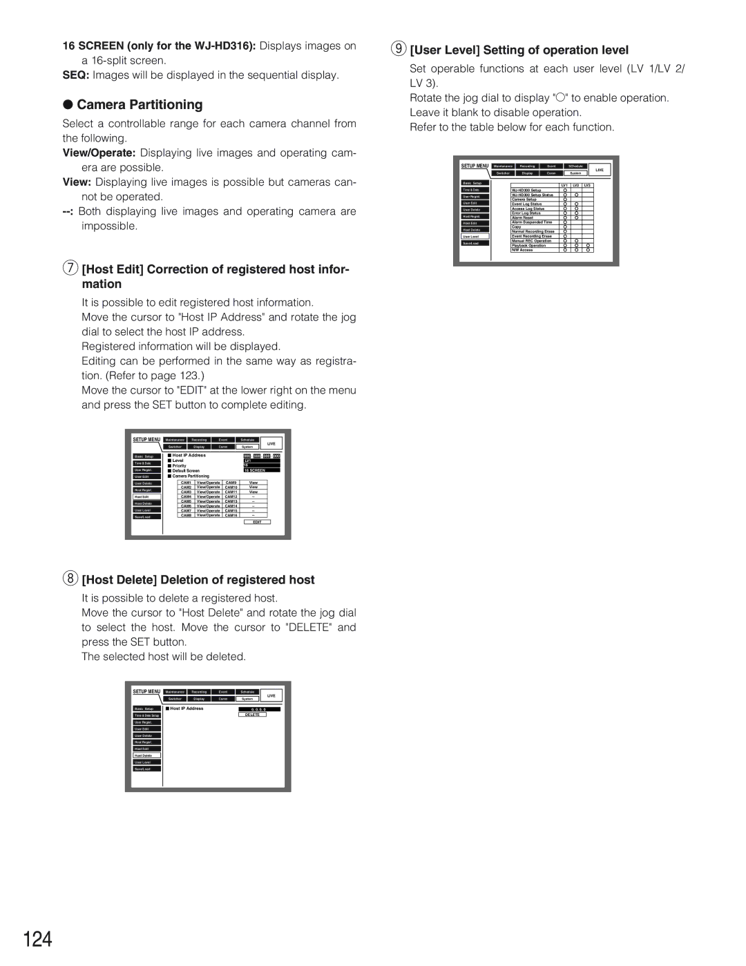 Panasonic WJ-HD309 124, Host Edit Correction of registered host infor- mation, Host Delete Deletion of registered host 