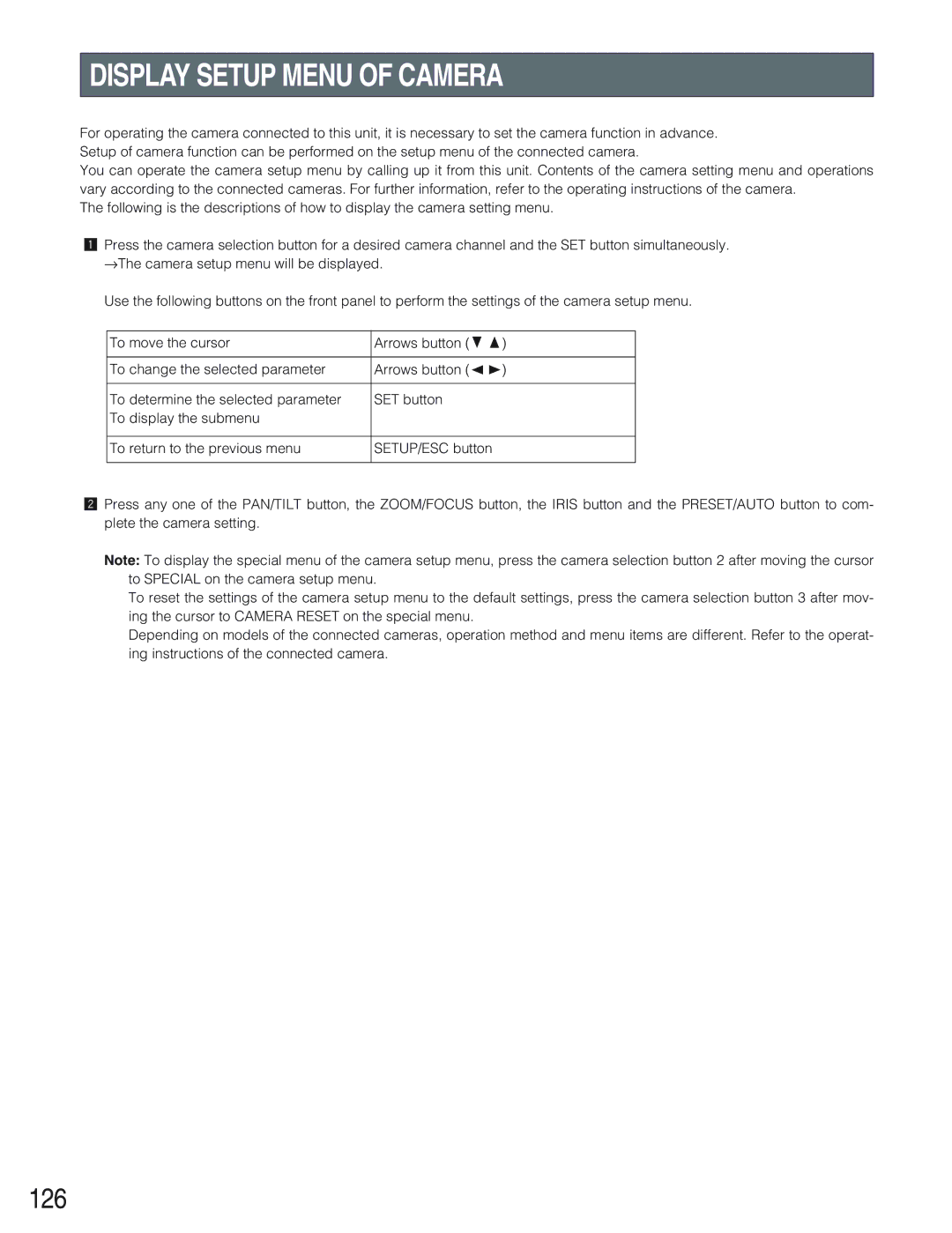 Panasonic WJ-HD309 manual Display Setup Menu of Camera, 126 