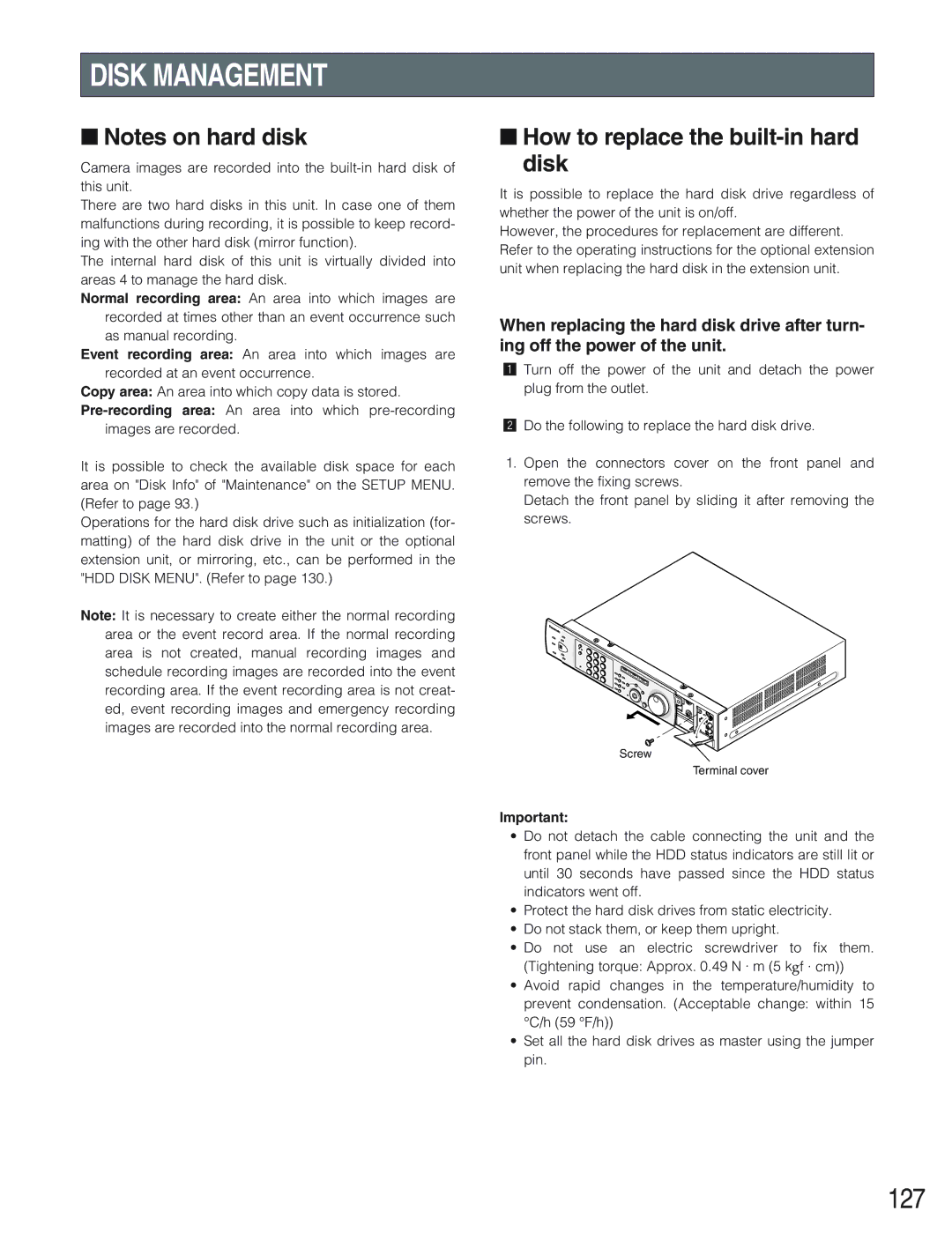 Panasonic WJ-HD309 manual Disk Management, 127, How to replace the built-in hard disk 