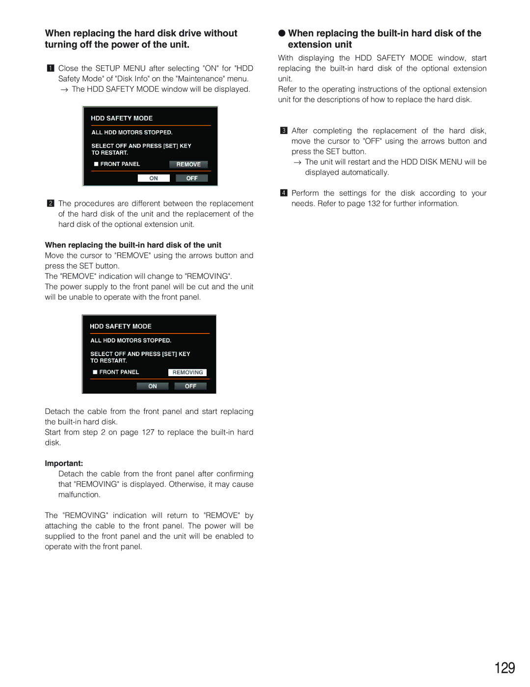 Panasonic WJ-HD309 manual 129, When replacing the built-in hard disk of the unit 