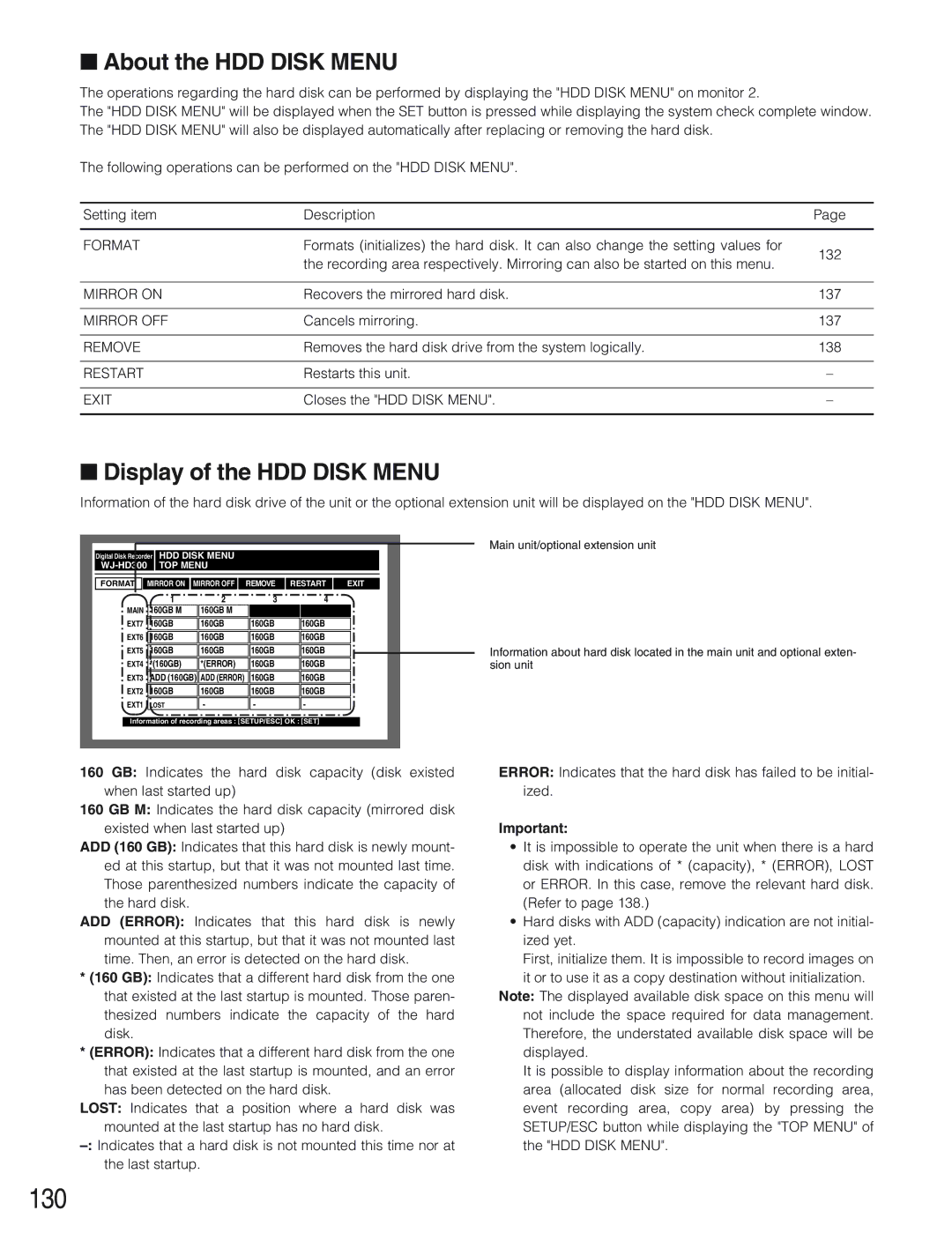 Panasonic WJ-HD309 manual 130, About the HDD Disk Menu, Display of the HDD Disk Menu 