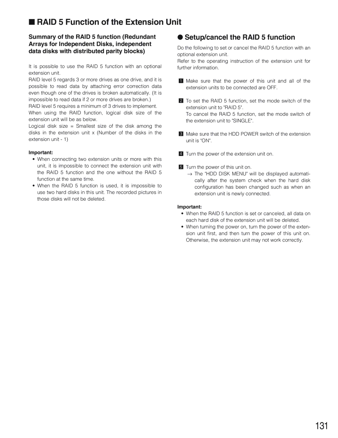 Panasonic WJ-HD309 manual 131, RAID 5 Function of the Extension Unit, Setup/cancel the RAID 5 function 