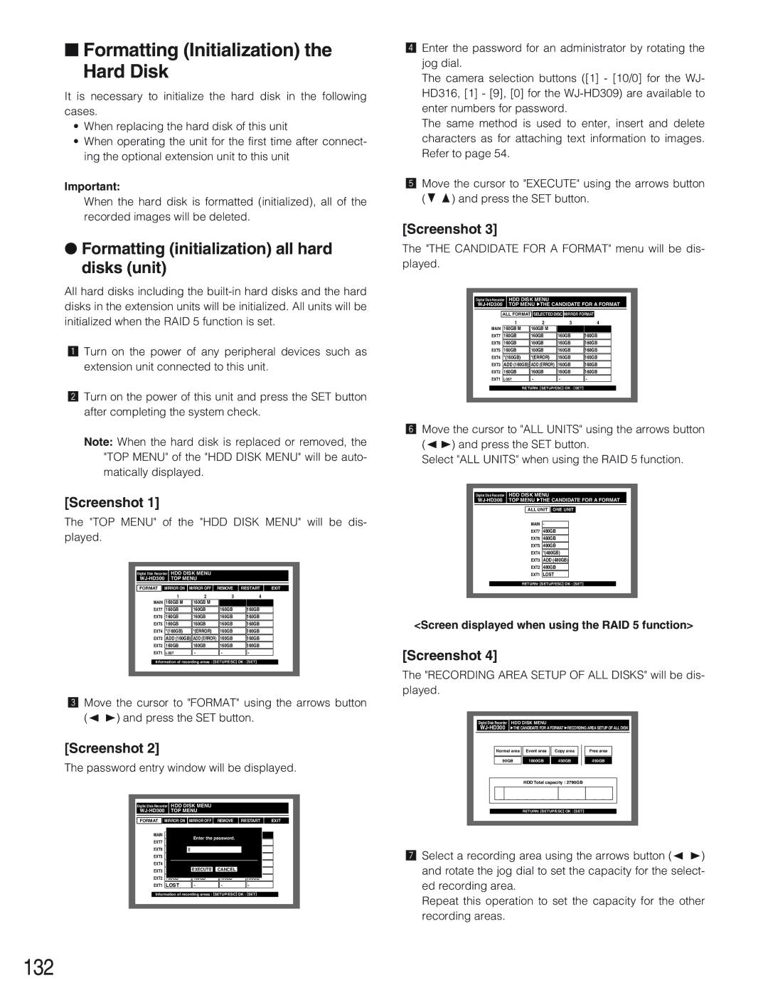 Panasonic WJ-HD309 manual 132, Formatting Initialization the Hard Disk, Formatting initialization all hard disks unit 