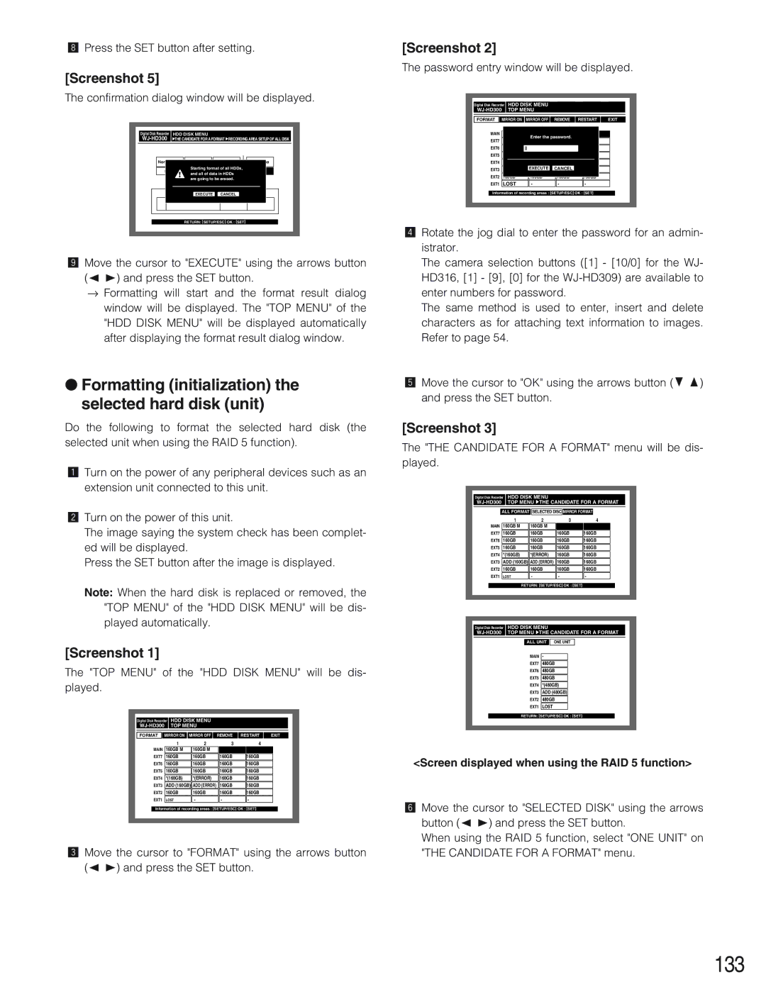 Panasonic WJ-HD309 manual 133, Formatting initialization the selected hard disk unit, Press the SET button after setting 