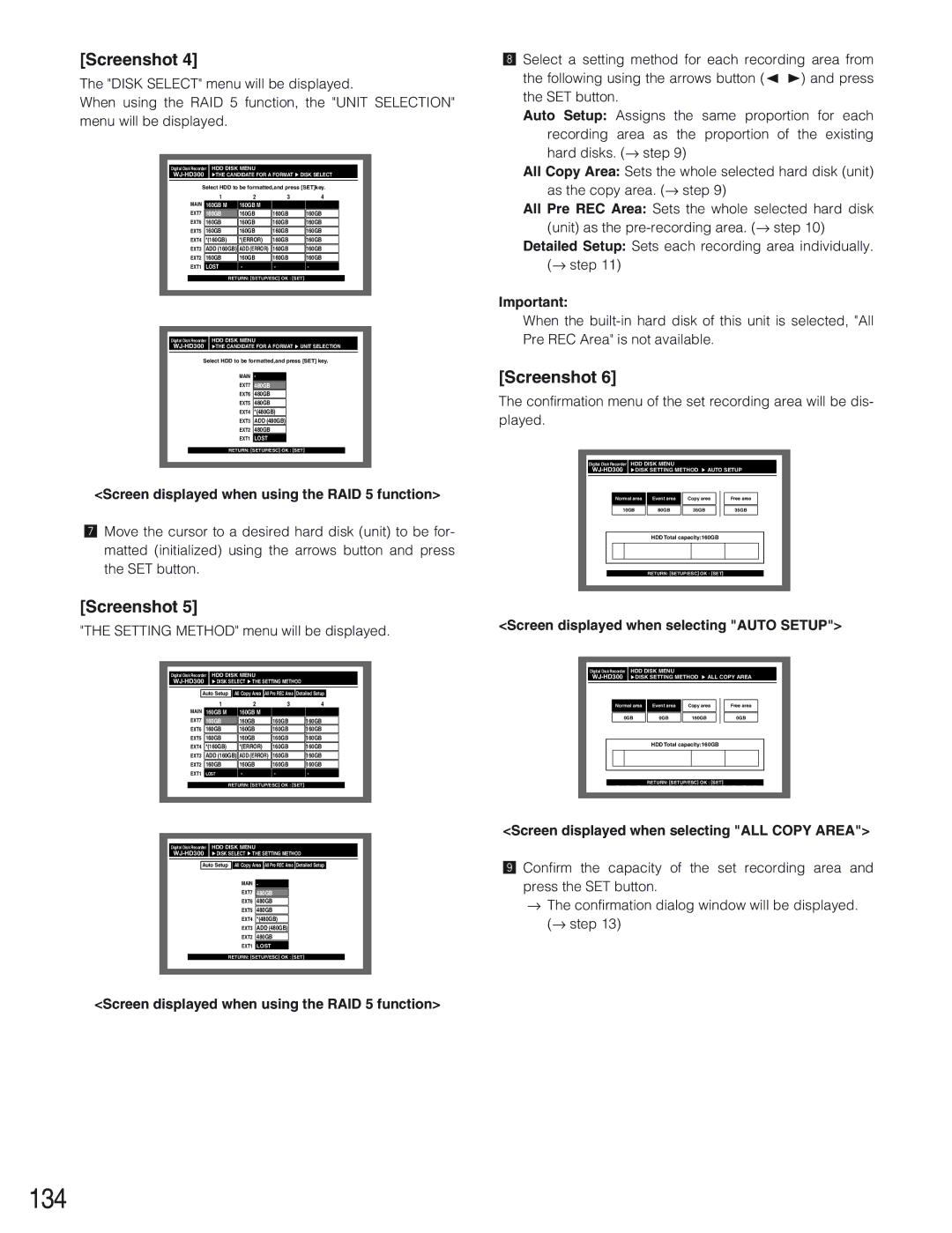 Panasonic WJ-HD309 manual 134, Setting Method menu will be displayed, Screen displayed when selecting Auto Setup 