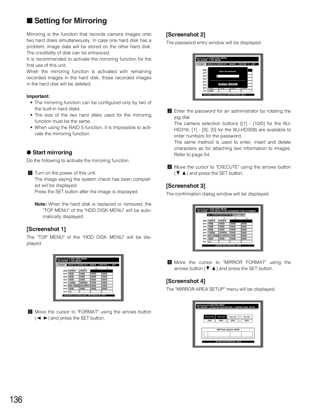 Panasonic WJ-HD309 manual 136, Setting for Mirroring, Start mirroring, Mirror Area Setup menu will be displayed 