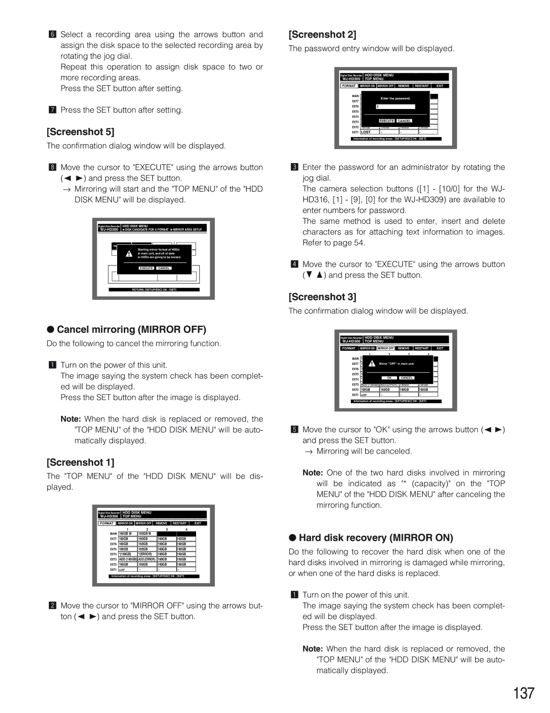 Panasonic WJ-HD309 manual 137, Cancel mirroring Mirror OFF, Hard disk recovery Mirror on 