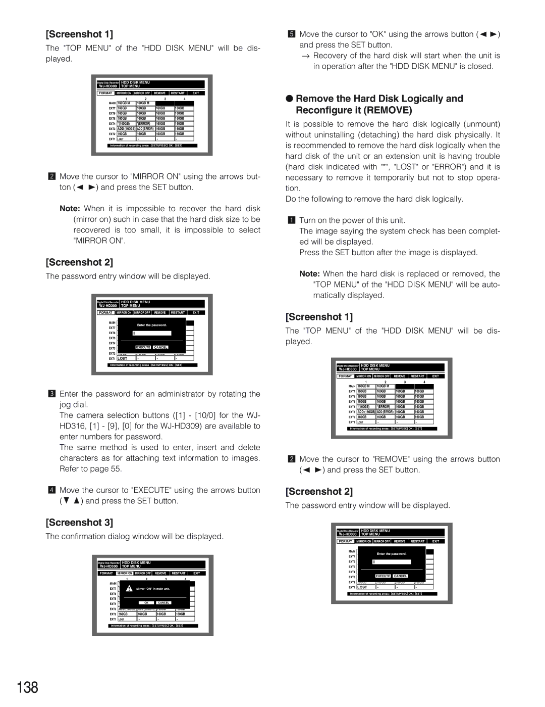 Panasonic WJ-HD309 manual 138, Remove the Hard Disk Logically and Reconfigure it Remove 