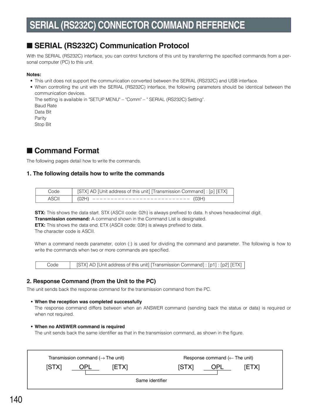 Panasonic WJ-HD309 140, Serial RS232C Communication Protocol, Command Format, Following details how to write the commands 