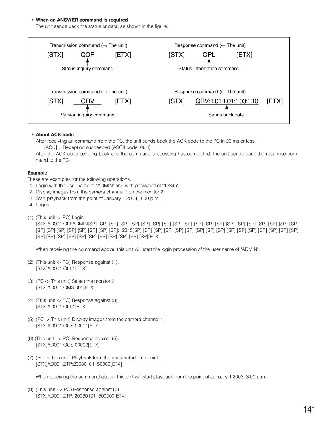 Panasonic WJ-HD309 141, When an Answer command is required, Transmission command → The unit Response command ← The unit 