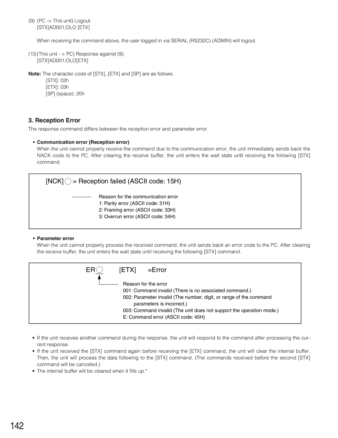 Panasonic WJ-HD309 manual 142, Reception Error, Communication error Reception error, Parameter error 