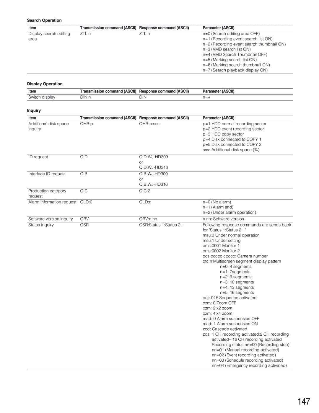 Panasonic WJ-HD309 manual 147, Qsr 