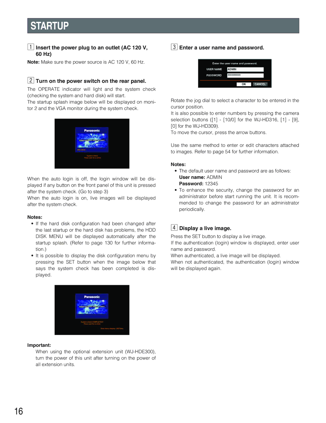 Panasonic WJ-HD309 manual Startup, Enter a user name and password, Display a live image, Password 